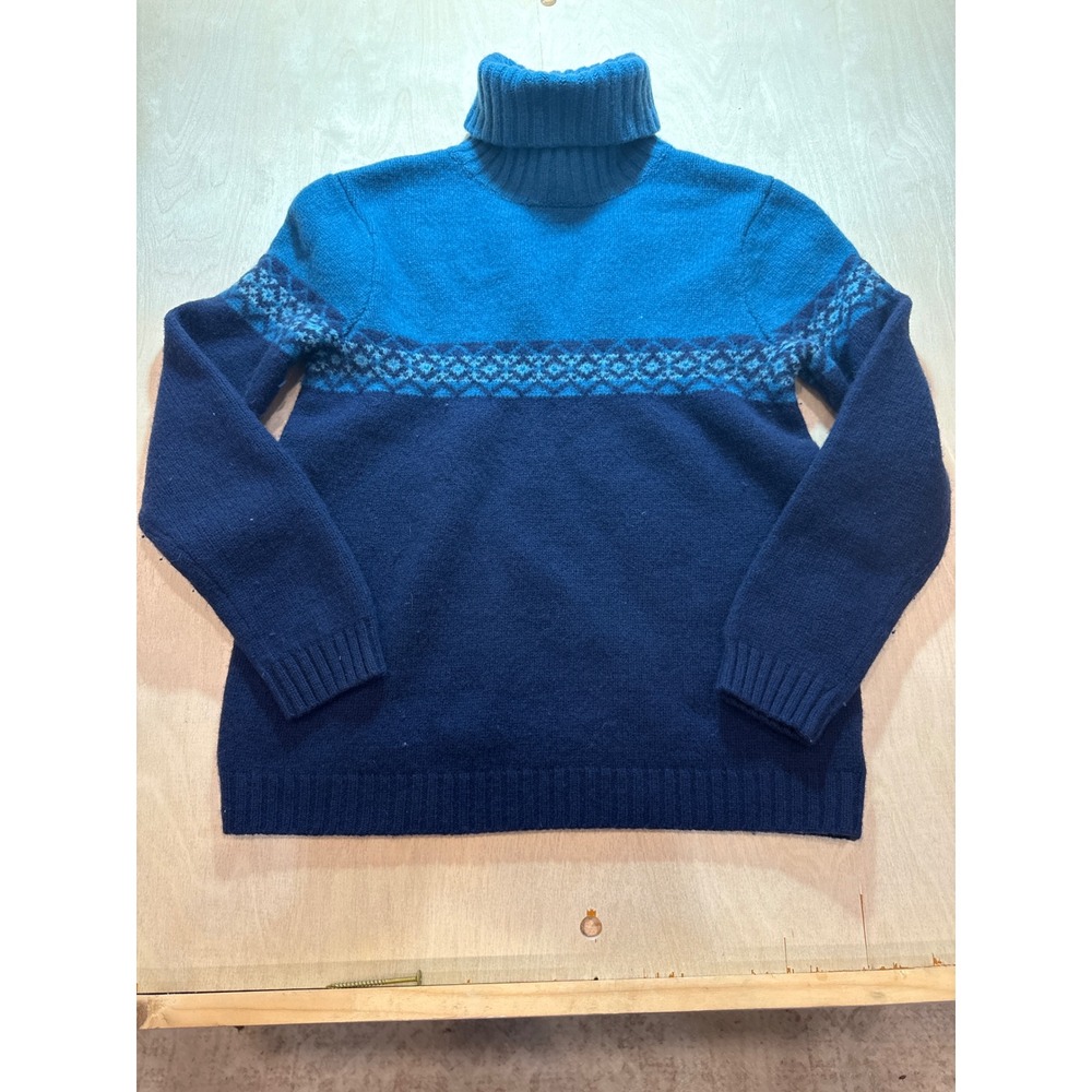 Vintage Eddie Bauer 100% Lambswool Sweater Petite S Blue Nordic Fair Isle 80s